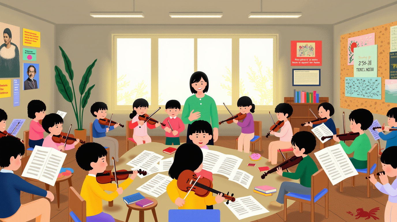 an_illustration_representing_the_suzuki_method_of_violin_teaching_featuring_a_group_of_children_of__d6z1zo2bdi68cxfpaips_0.png
